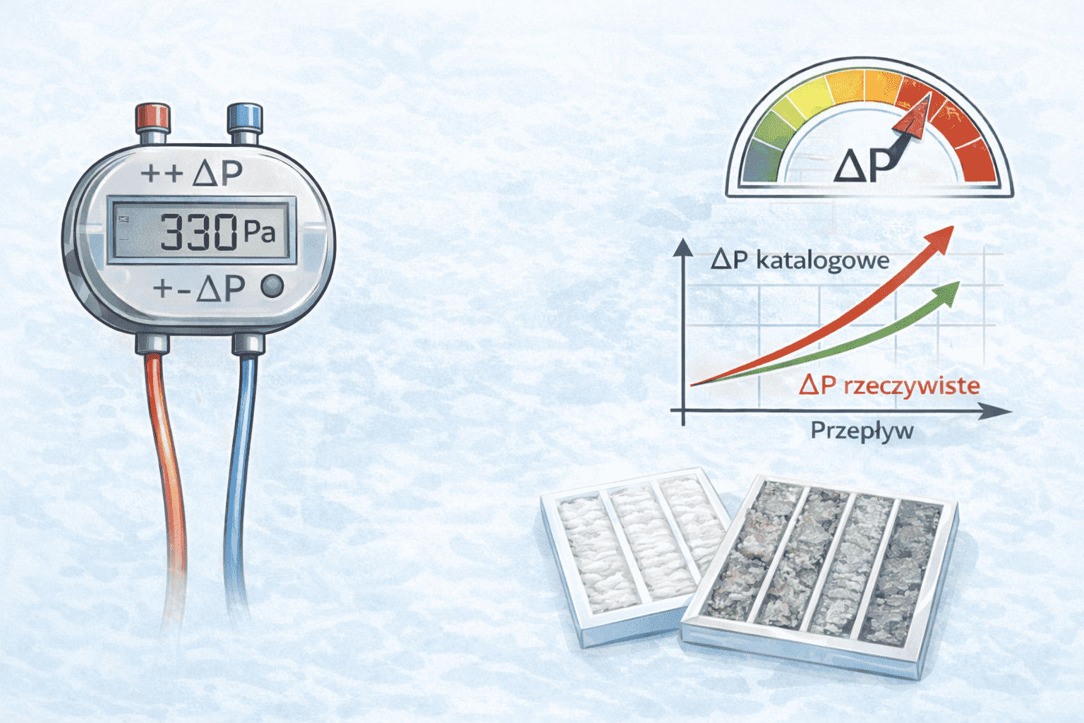 Pomiar spadku ciśnienia ΔP na filtrze w instalacji HVAC