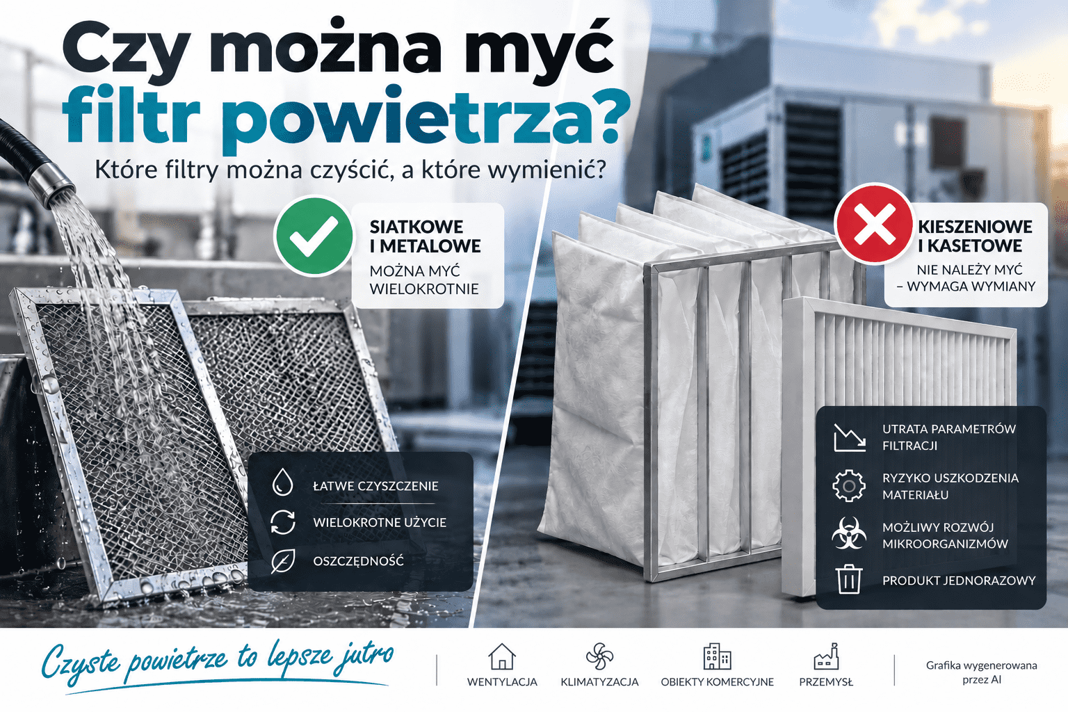Porównanie filtra siatkowego (do mycia) i kieszeniowego (do wymiany) w HVAC